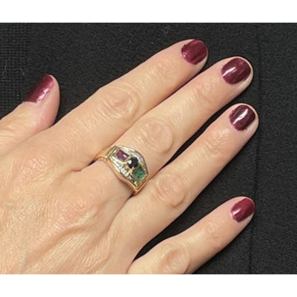 14K Solid Yellow Gold Sapphire, Ruby, Emerald and Diamond Ring - Picture 5 of 6
